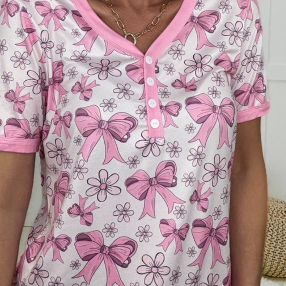 NWT Shirley and Stone Pink Bow Print Women's Pajama Set - Picture 3 of 4